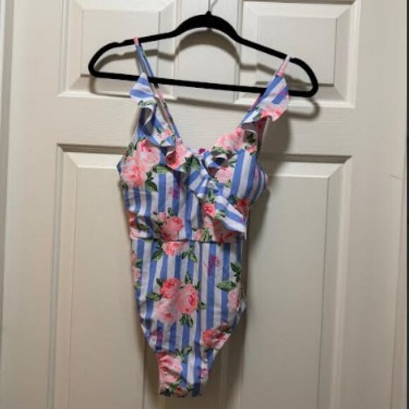 Betsey Johnson Blue Stripe Floral One Piece bathing Suit with Ruffle Trim - Picture 2 of 5